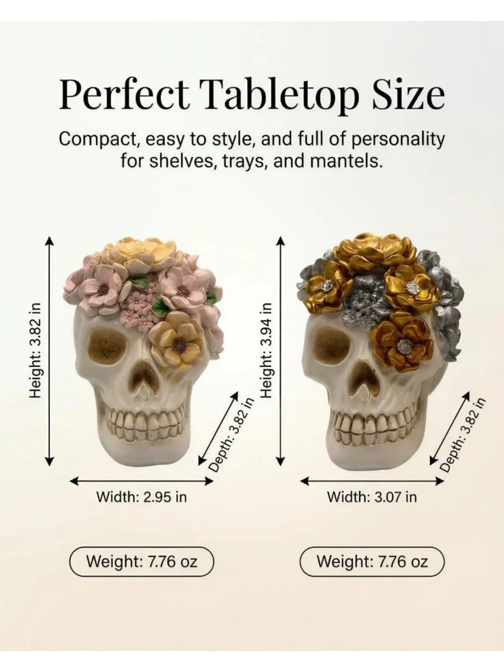 White Cream 2 Gothic Floral Skull Figurines Pastel Resin Halloween Day of Dead